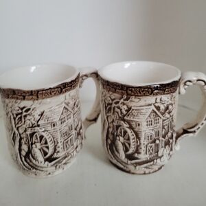 Vintage Country Ceramic Old Mill, Embossed Brick Pattern Japan- 2 Coffee Mugs